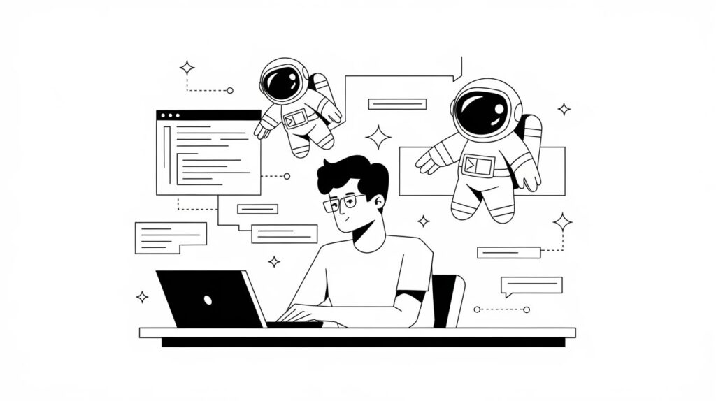 A simple black and white line art illustration of a web developer debugging at a desk on a laptop. Add imagery of astronaut icons and data connections floating around.